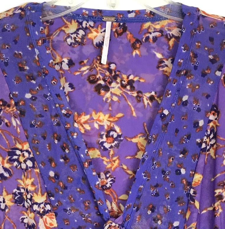 Free People Floral Long Sleeve V-Neck Button Bell Sleeve Mesh Top Tie Size Large