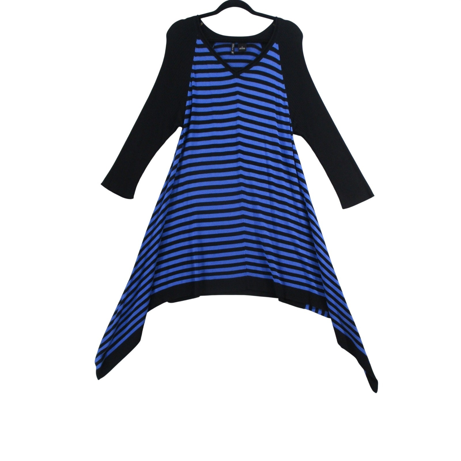 New Directions Woman Blue Black Striped Sharkbite Hem Tunic Sweater Top 1X