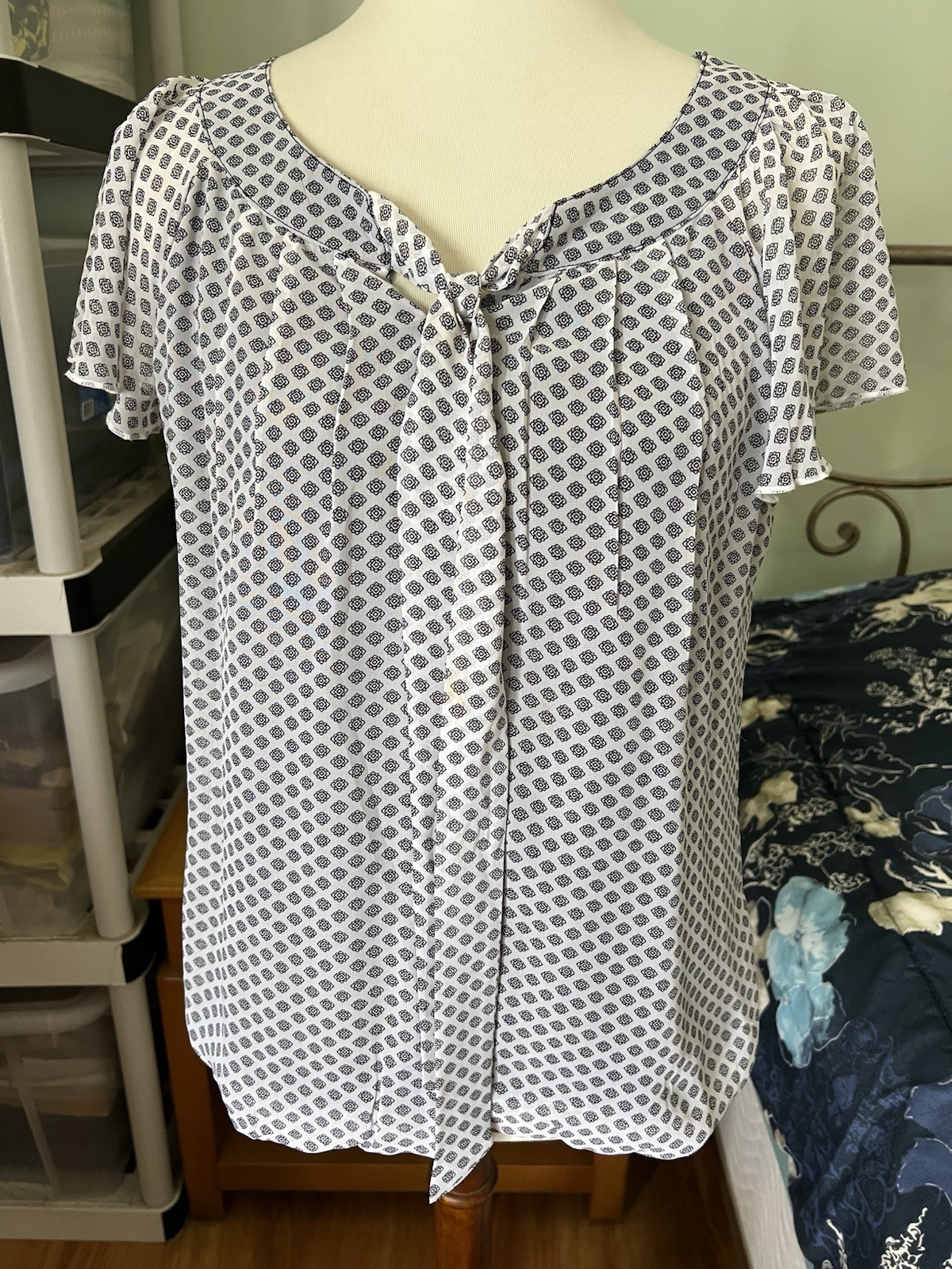 Sara Michelle Womens Petite Large PL White/Black Print Lined Tie Front Blouse