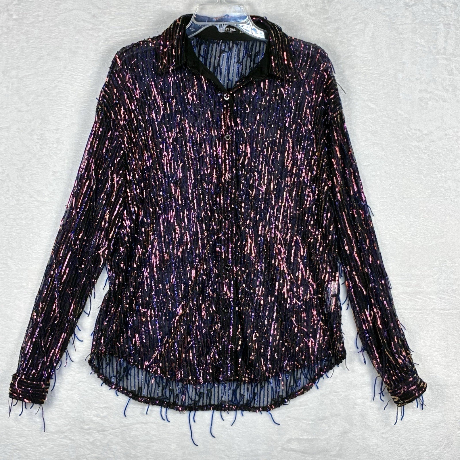 Nasty Gal Shirt Womens 0 Multicolor Sequin Fringe Festival Rave Oversized Baddie