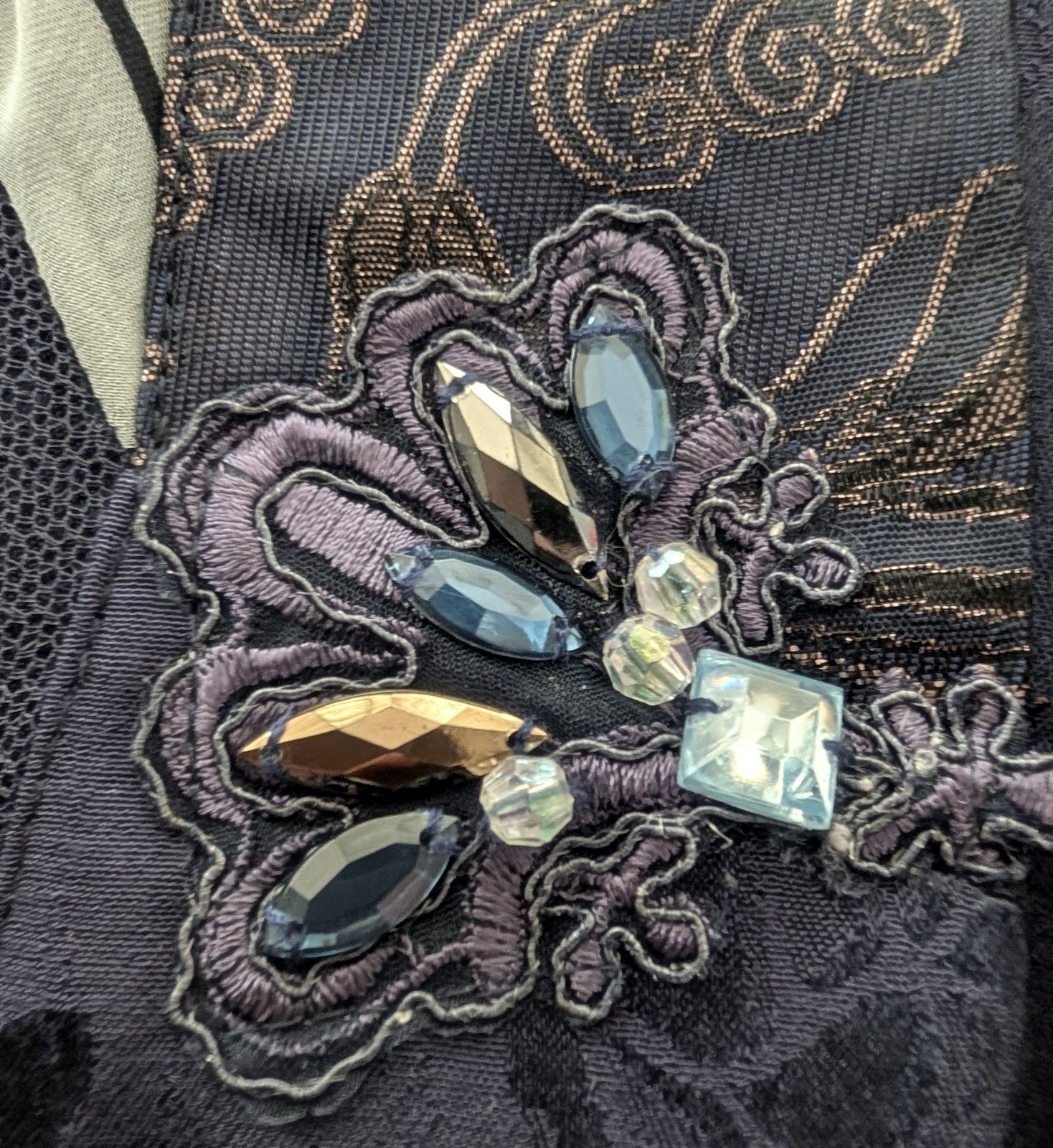 Vintage Violet Kay Silk Rayon Midnight Blue Lace Bling Blouse Kimono Style L
