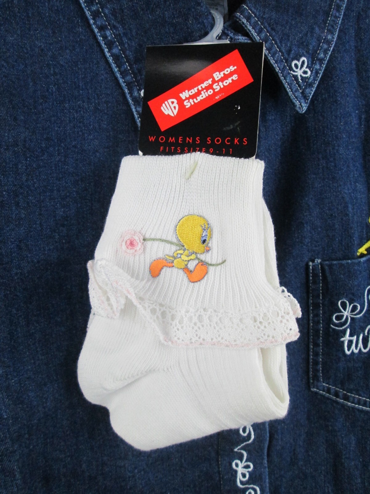 VTG Tweety Bird Blue Denim Shirt Women XL Button Warner Bros w/Socks NWT