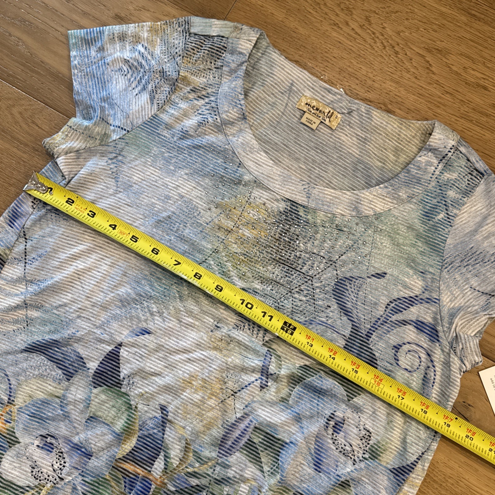 OneWorld Blue Floral Ruffle Hem Top Small Rhinestone Detail NWT