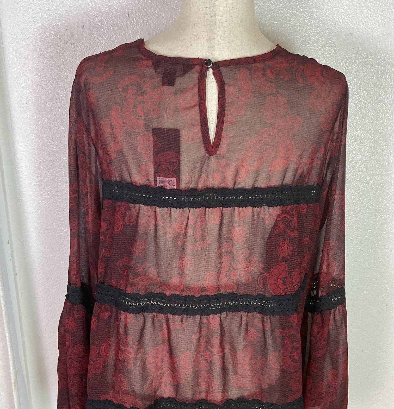 NWT GNW Black Red Floral Sheer Top SZ Large Flare Sleeve Dark Romantic Witchy