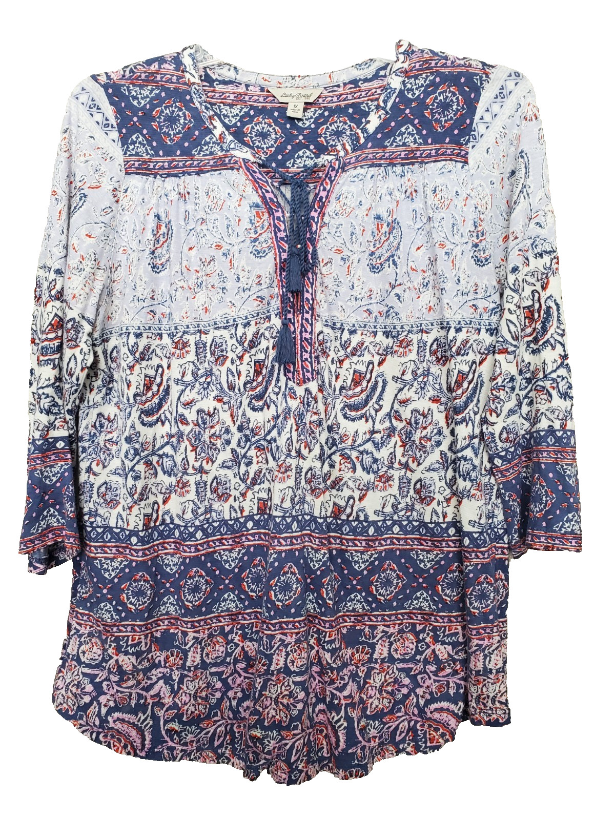 LUCKY BRAND Cotton/Viscose/Linen Blend Tasseled Lace-Up Tie-Neck Peasant Top 1X