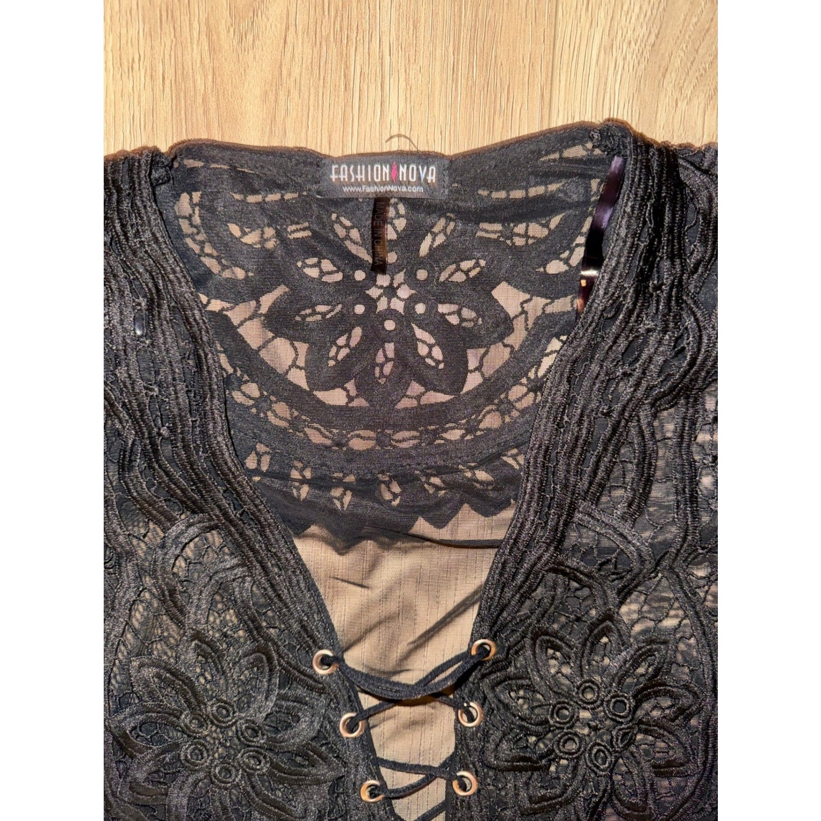 Fashion Nova Black Lace Crop Top Sheer Mesh Long Sleeve Lace Up Front Crochet M