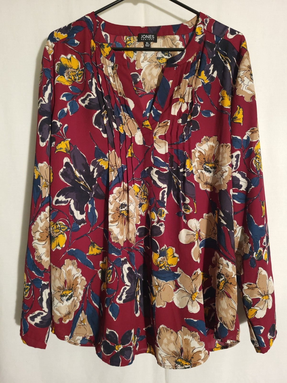 Jones New York-Burgundy Yellow Beige Blue Green Floral Long Sleeve Vneck Top-XL