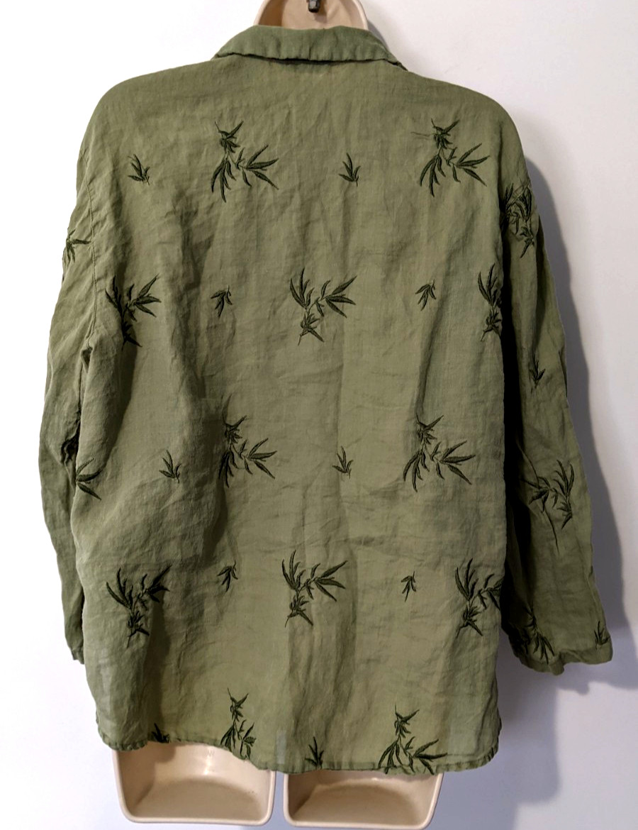 Kleen Women’s Long Sleeve Button Front Shirt Sz L 100% Linen Plants Green EUC