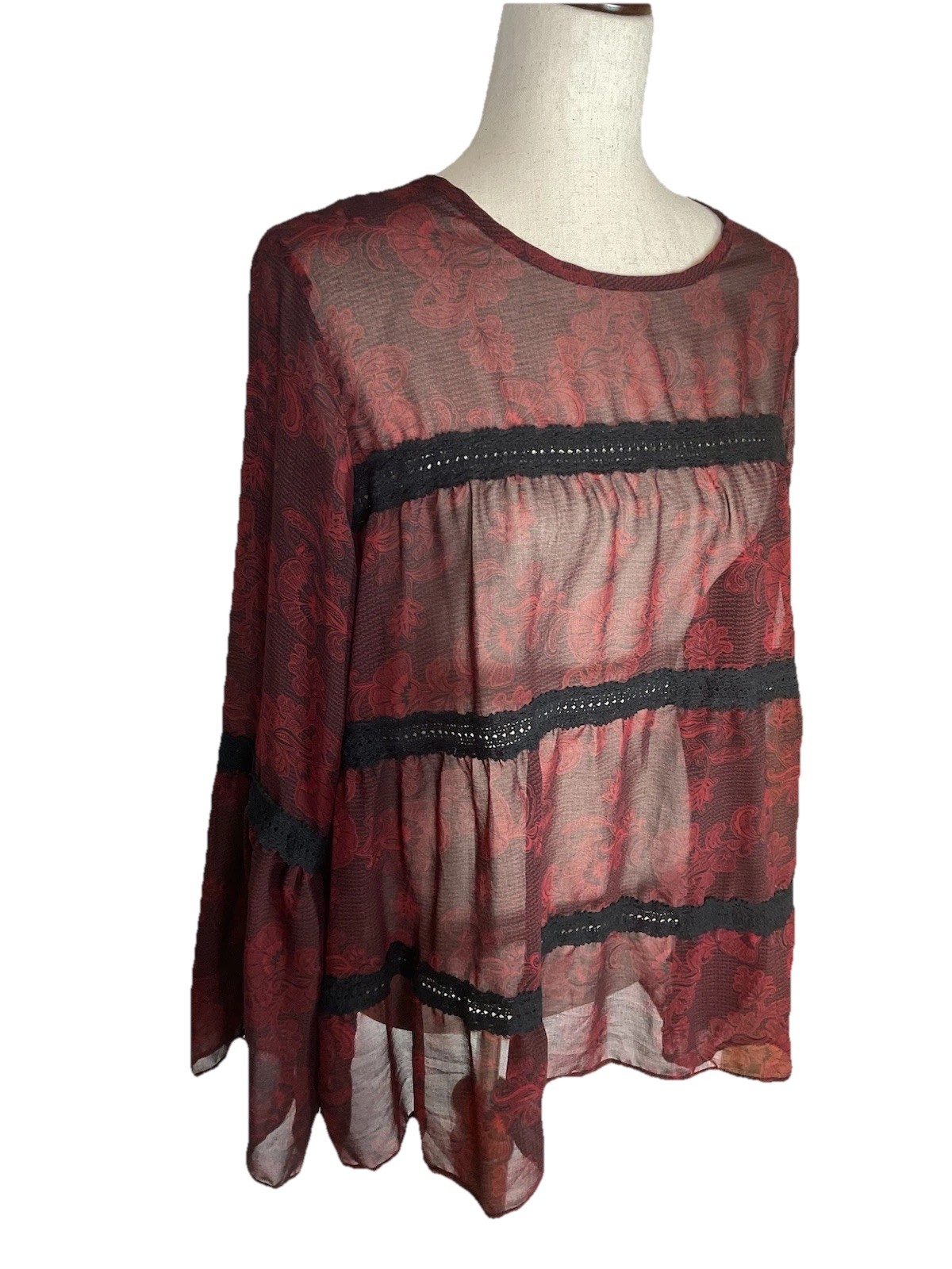NWT GNW Black Red Floral Sheer Top SZ Large Flare Sleeve Dark Romantic Witchy