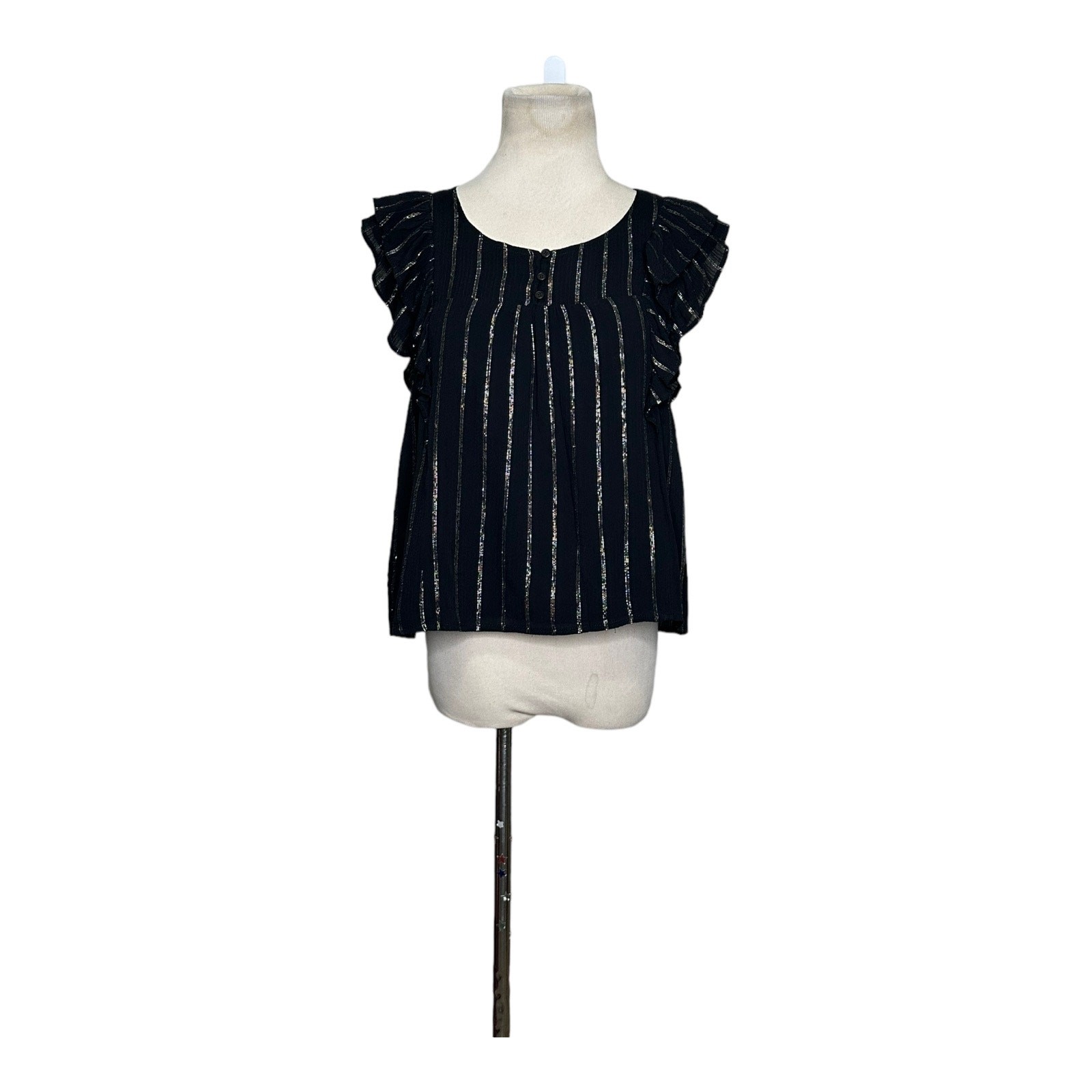 BB Dakota black silver stripes ruffled short sleeves blouse size Small