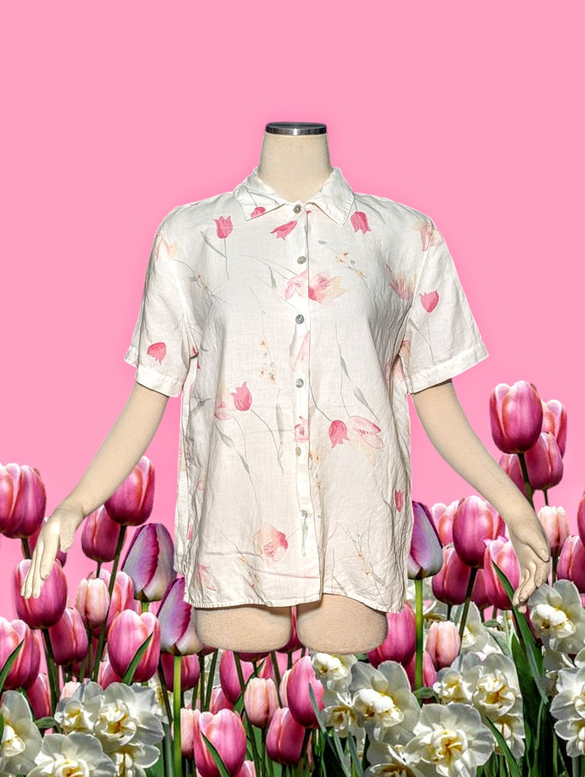 LEMON GRASS Pink TULIP Flower LINEN BLEND Button Up Shirt Top Women’s Medium