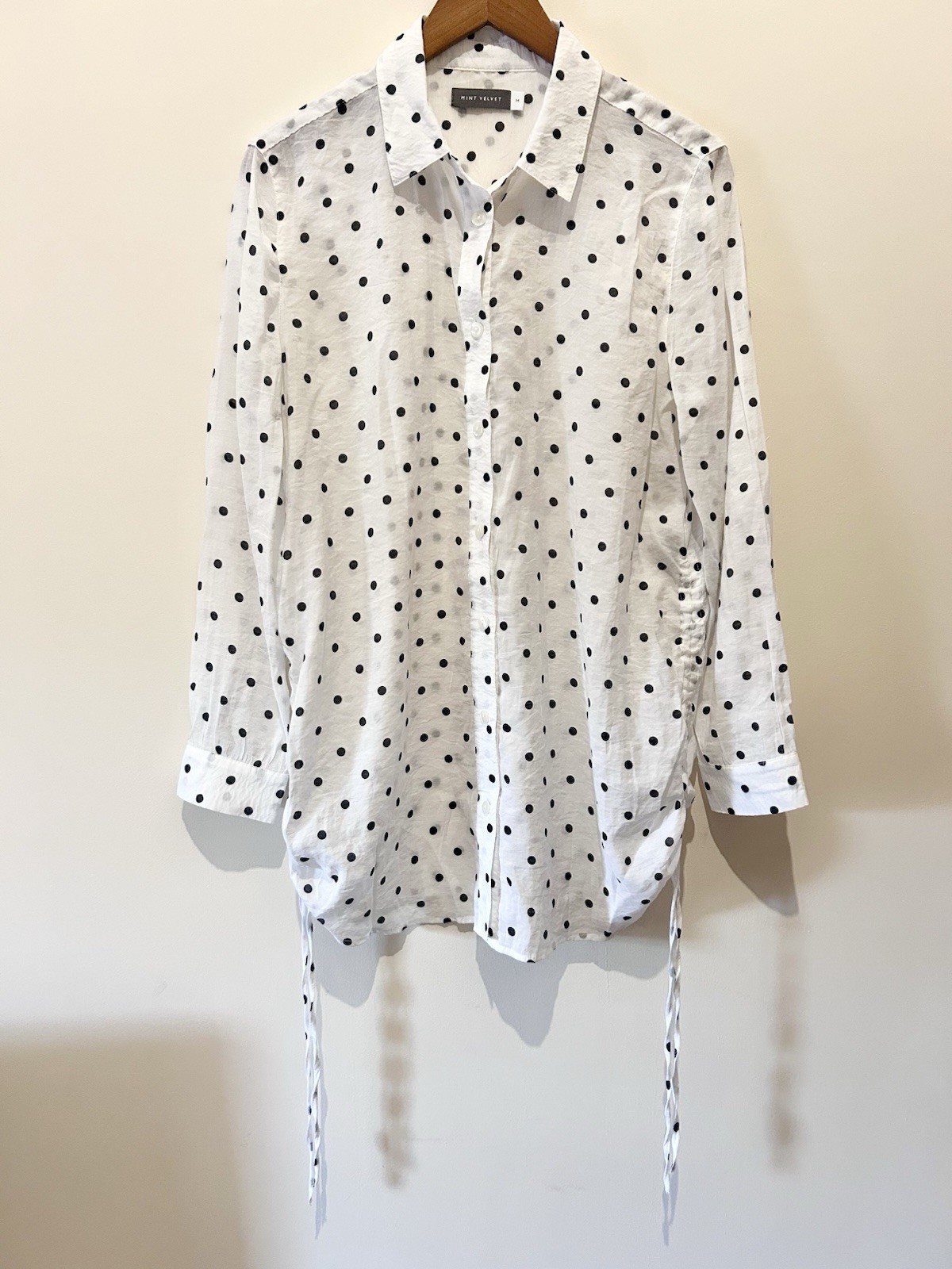 Mint Velvet Polka Dot Shirt White Black Size Medium Ruched Sides