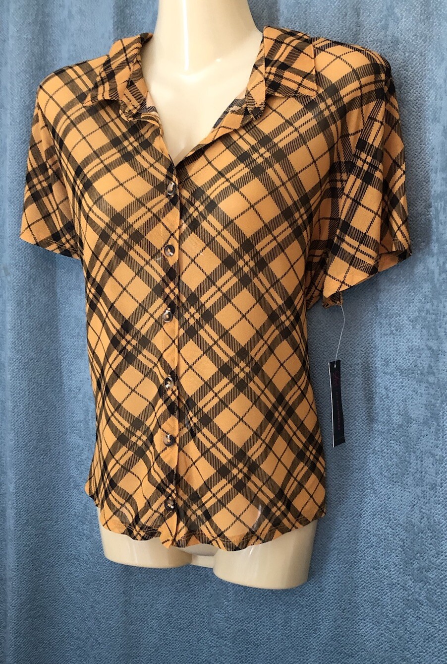 New NoBo Mesh Crop Top Blouse Junior Size 3XL (21) Sheer Yellow Plaid Button Up