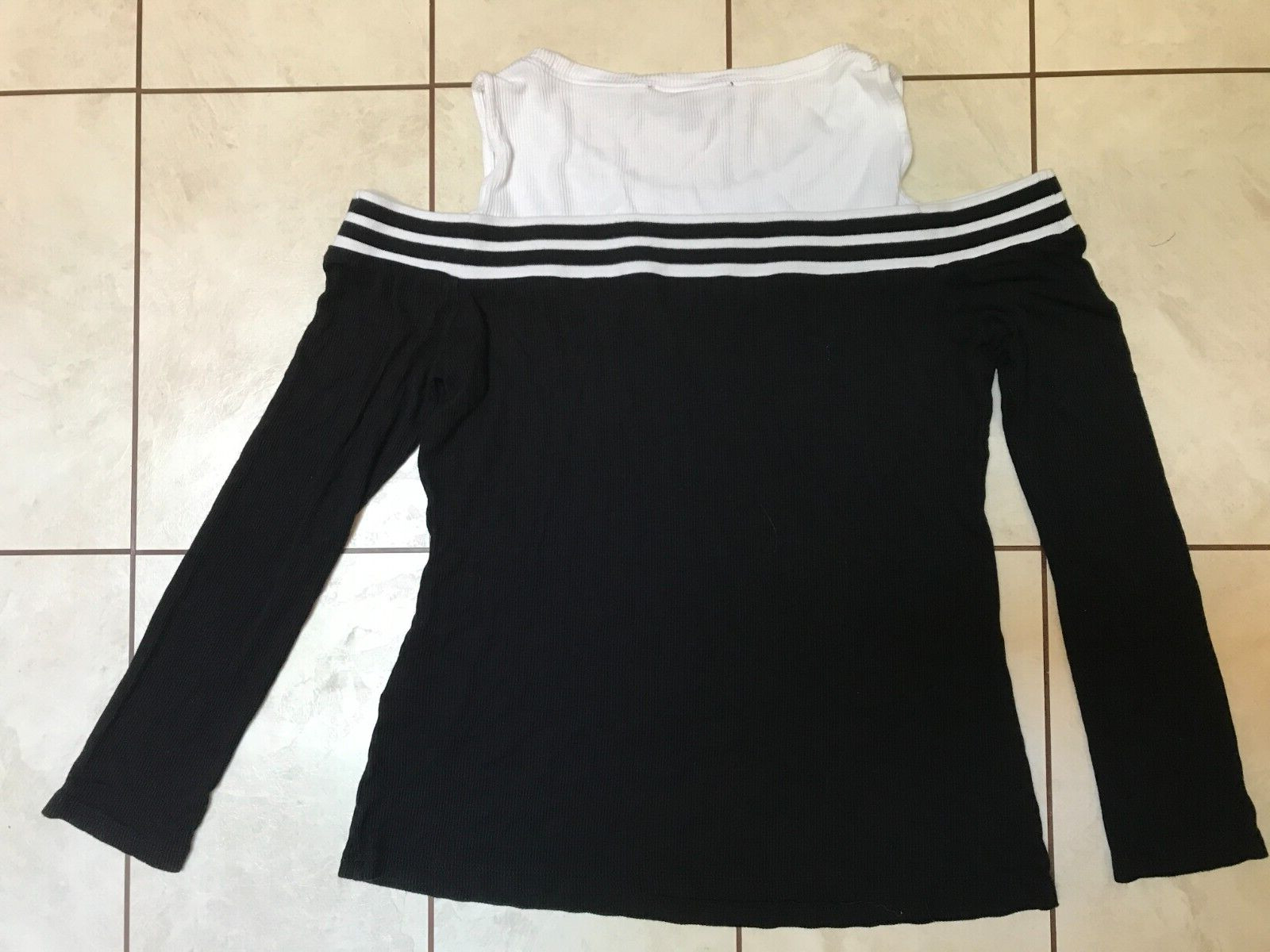 I.N.C. Black Ribbed 3/4 Sleeve Boatneck Top over Faux White Tank Rayon Size S