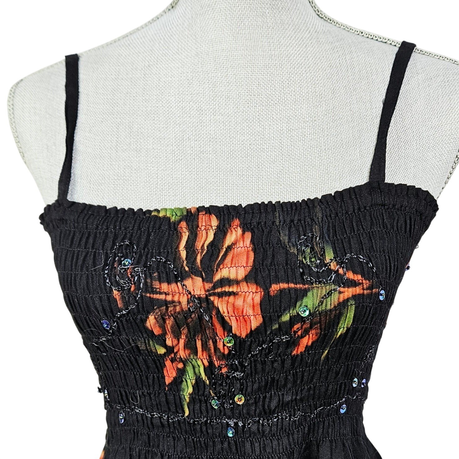 Boho Y2K Black Floral Smocked Sequin Camisole Top S Fairycore Beachy Festival