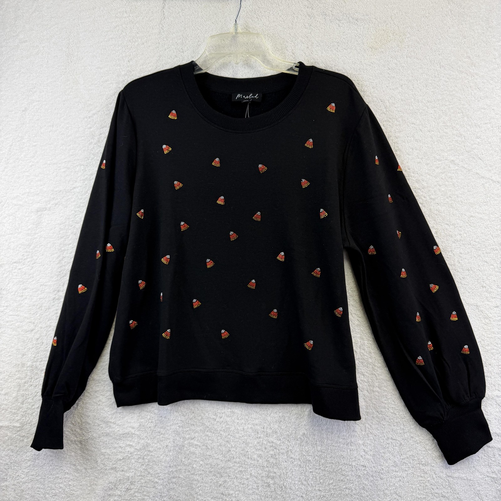 Halloween Sweater Womens XL Black Rhinestone Candy Corn shirt Top