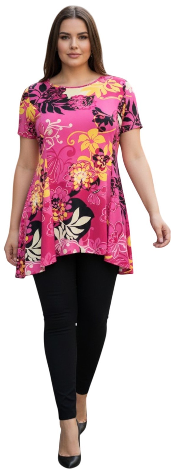 Ladies Plus Size Pink Black Yellow Floral Print Back Dipped Hem Tunic Swing Top