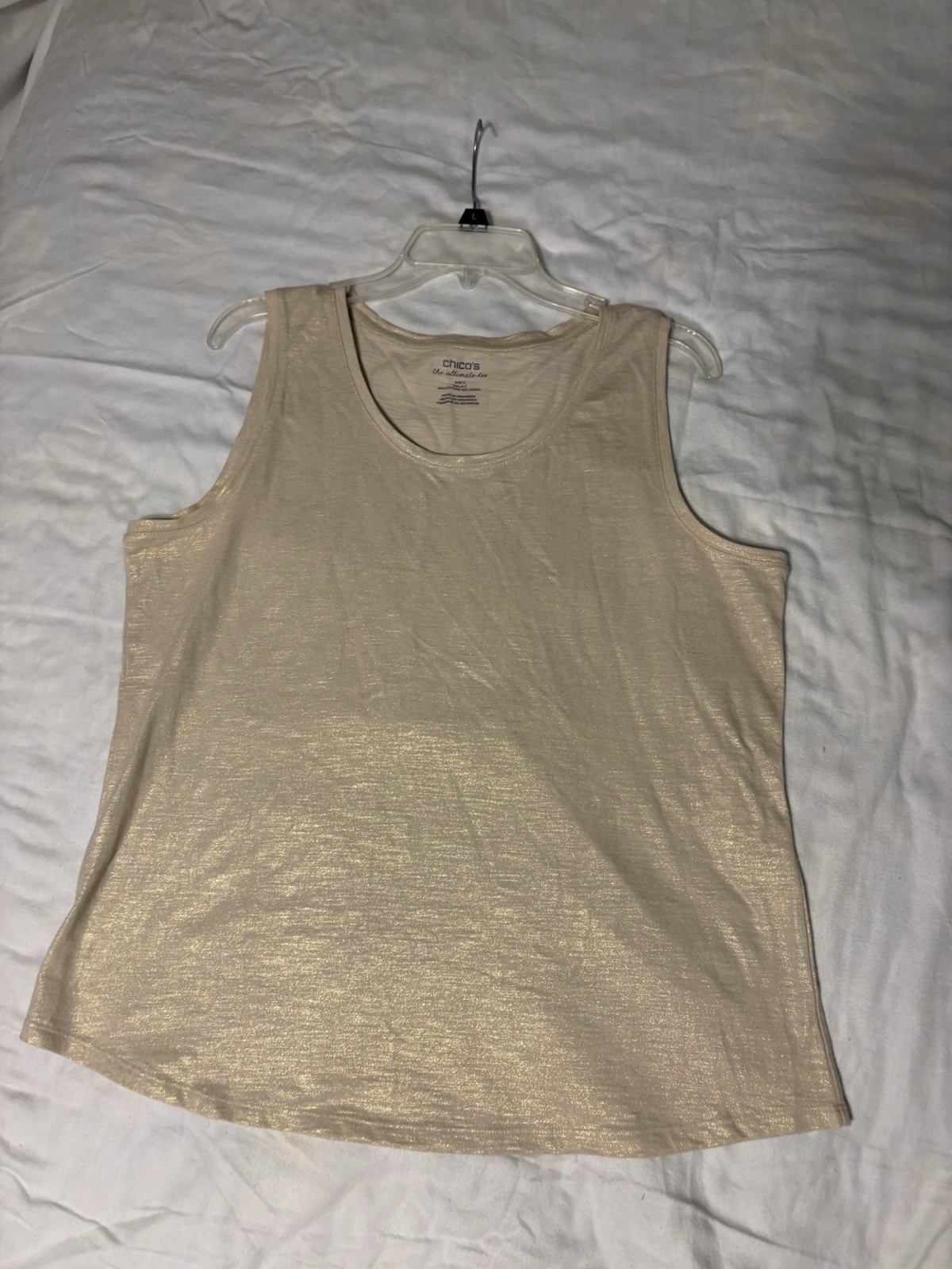 Chico’s Ultimate Tee Beige Metallic Knit Scoop Neck Sleeveless Tank Top 2
