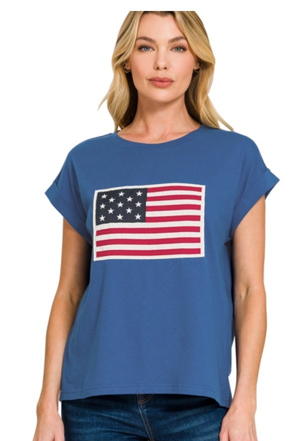 ZENANA Light Navy Top with American Flag Patch – S M L 1X 2X 3X