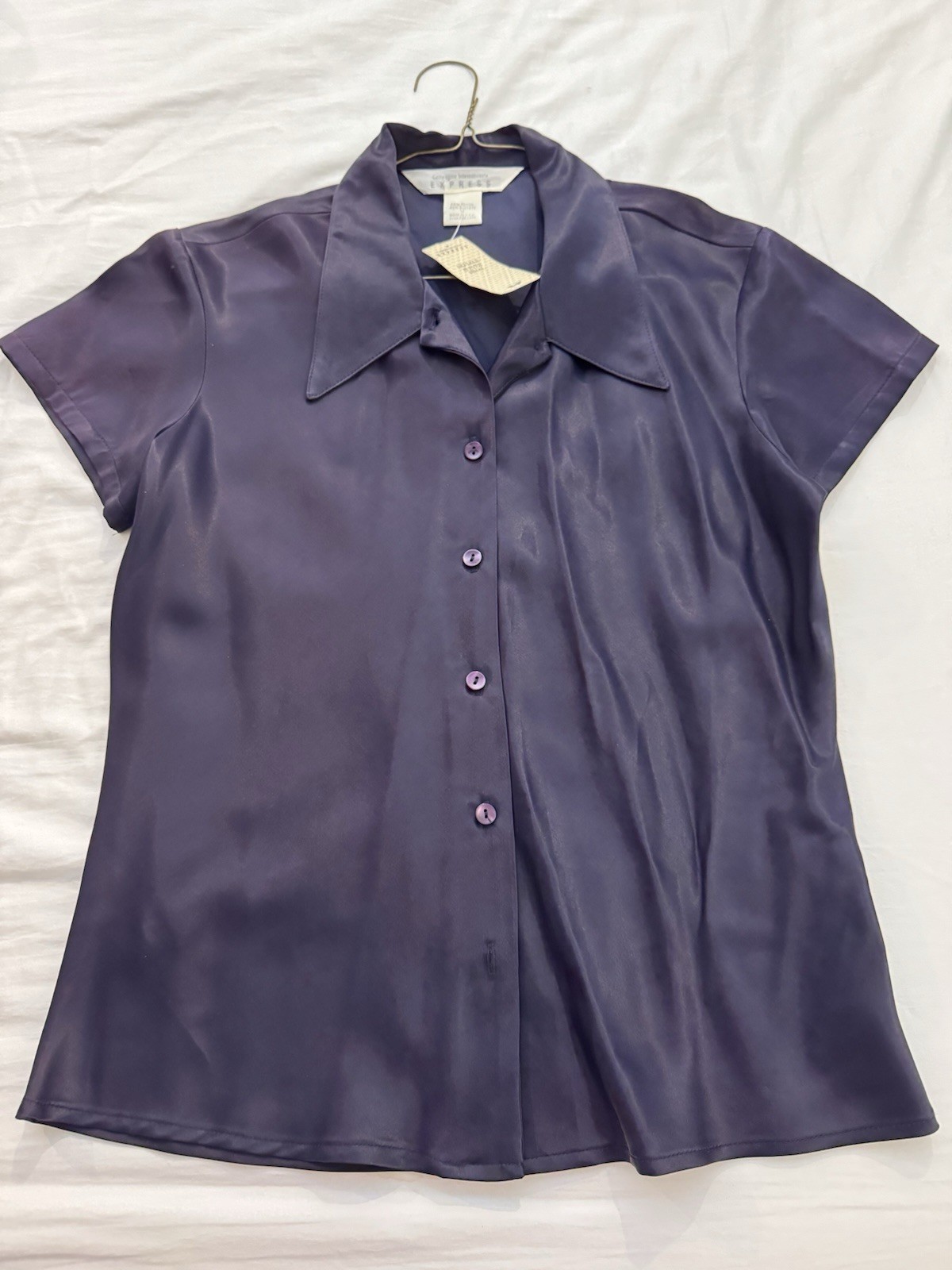 Express Purple Satin Solid Collared Short Sleeve Button Front Blouse Women M