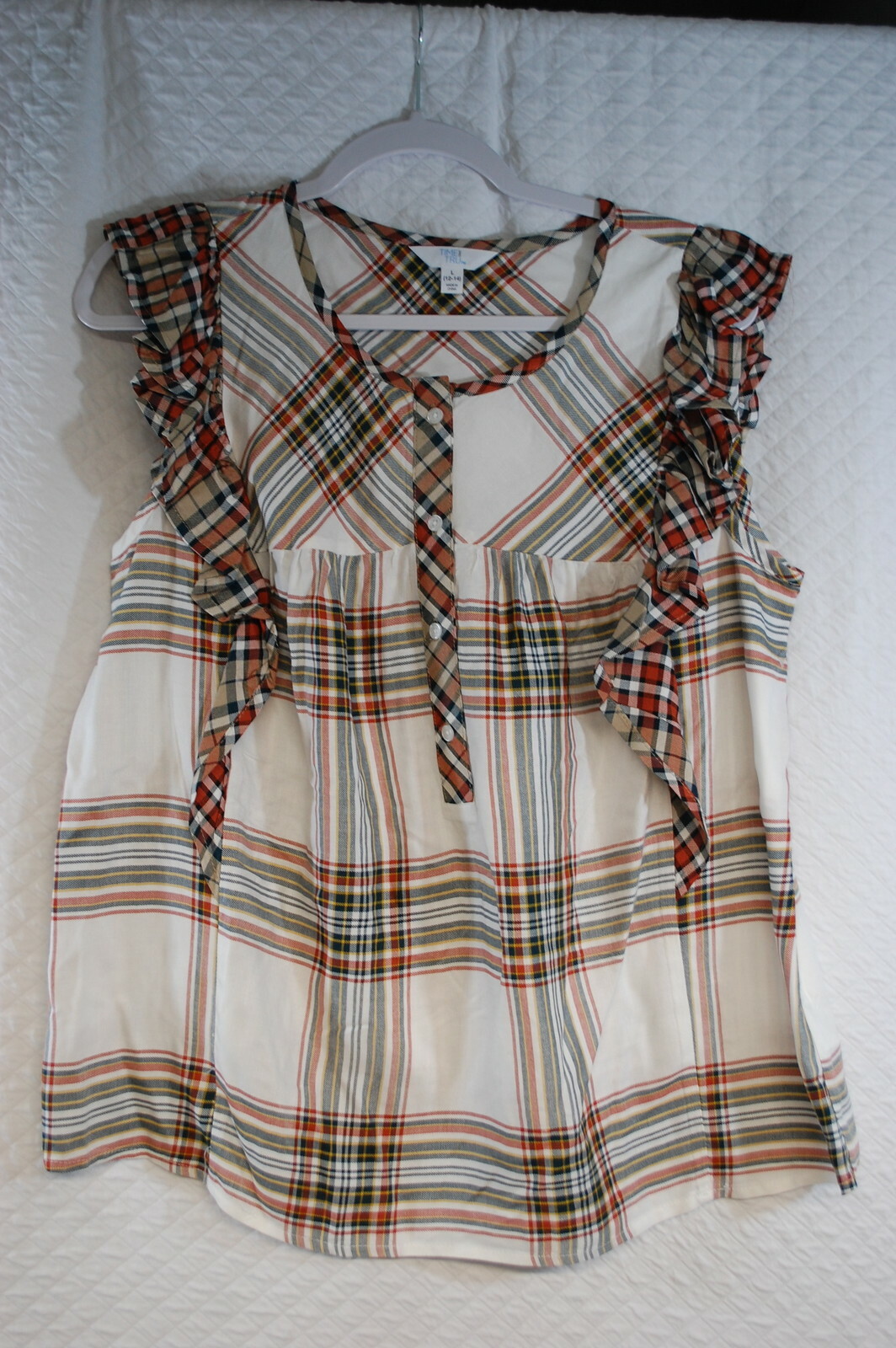Womens Ruffled Smock Top WHITE BROWN GREEN GOLD PLAID Sleevlss, Woven XXL / 20