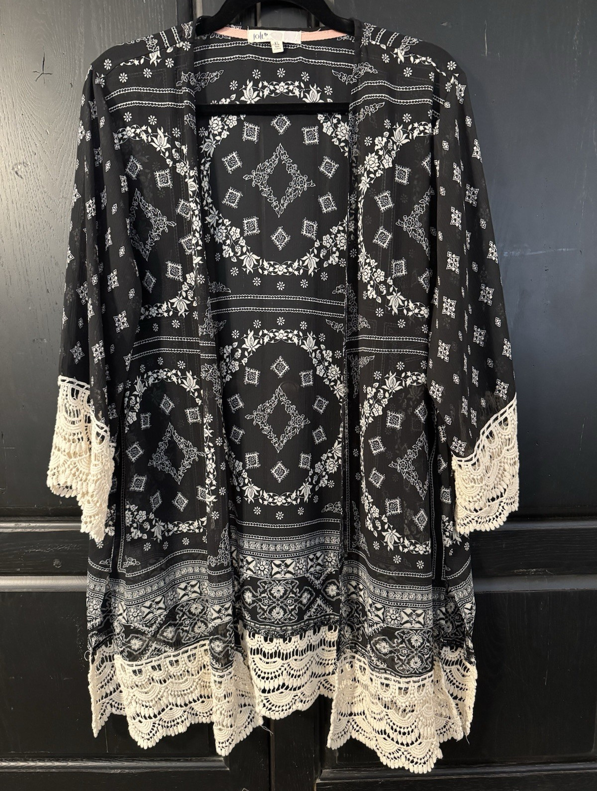 Jolt Black White Geometric Lace Trim Lightweight 3/4 Sleeve Kimono XL