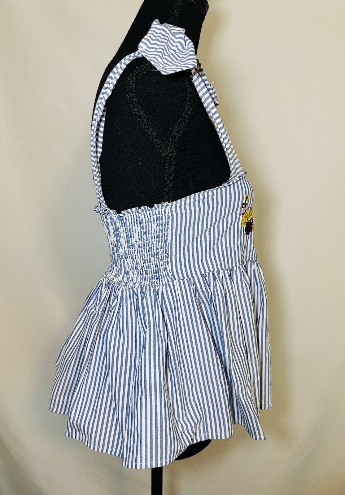 Zara Floral Embroidered Blue Stripe Peplum Tie Shoulder Sleevless Top Women’s S