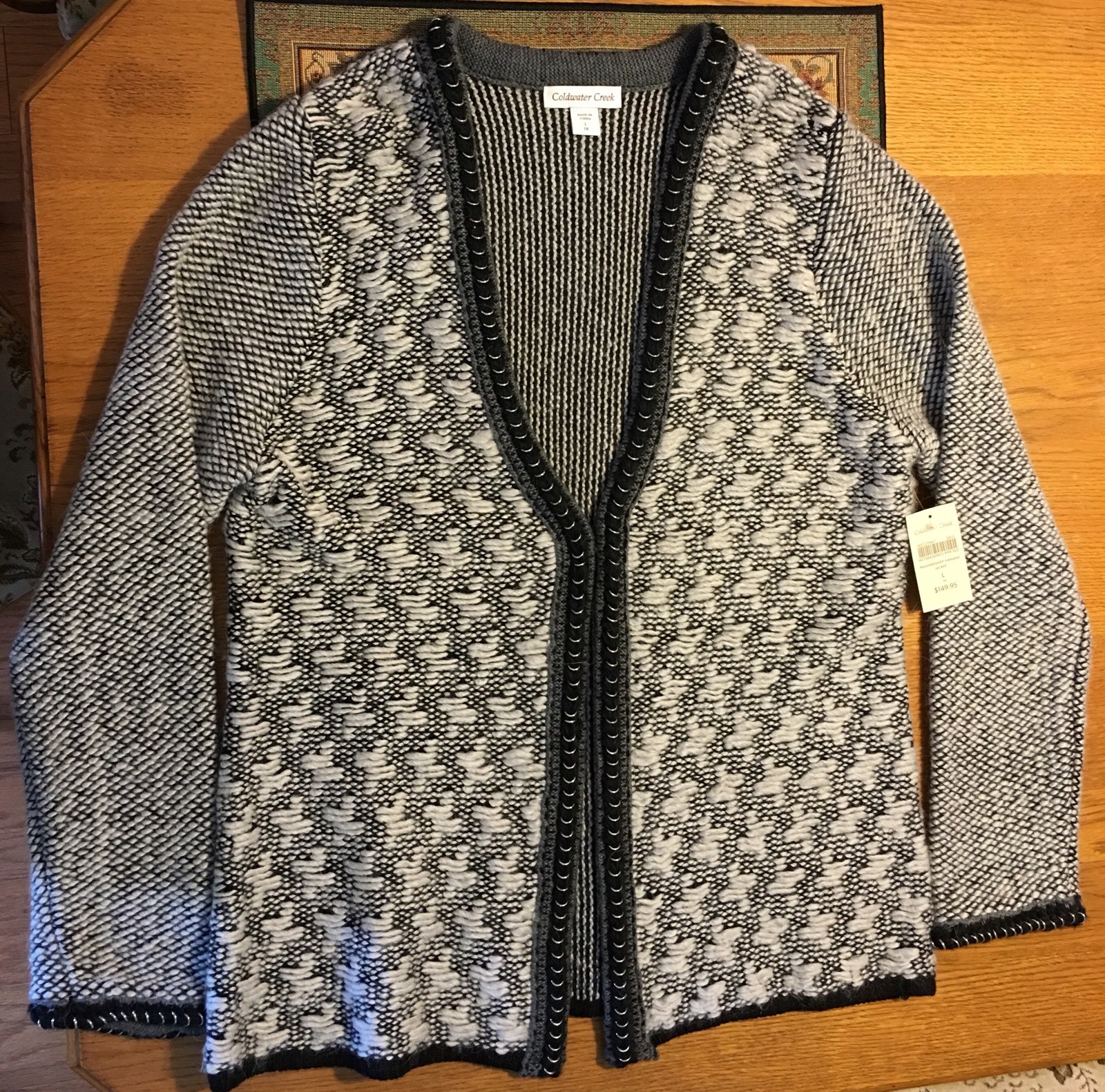Coldwater Creek Houndstooth Sweater Jacket size 14 Black & White Long Sleeve New