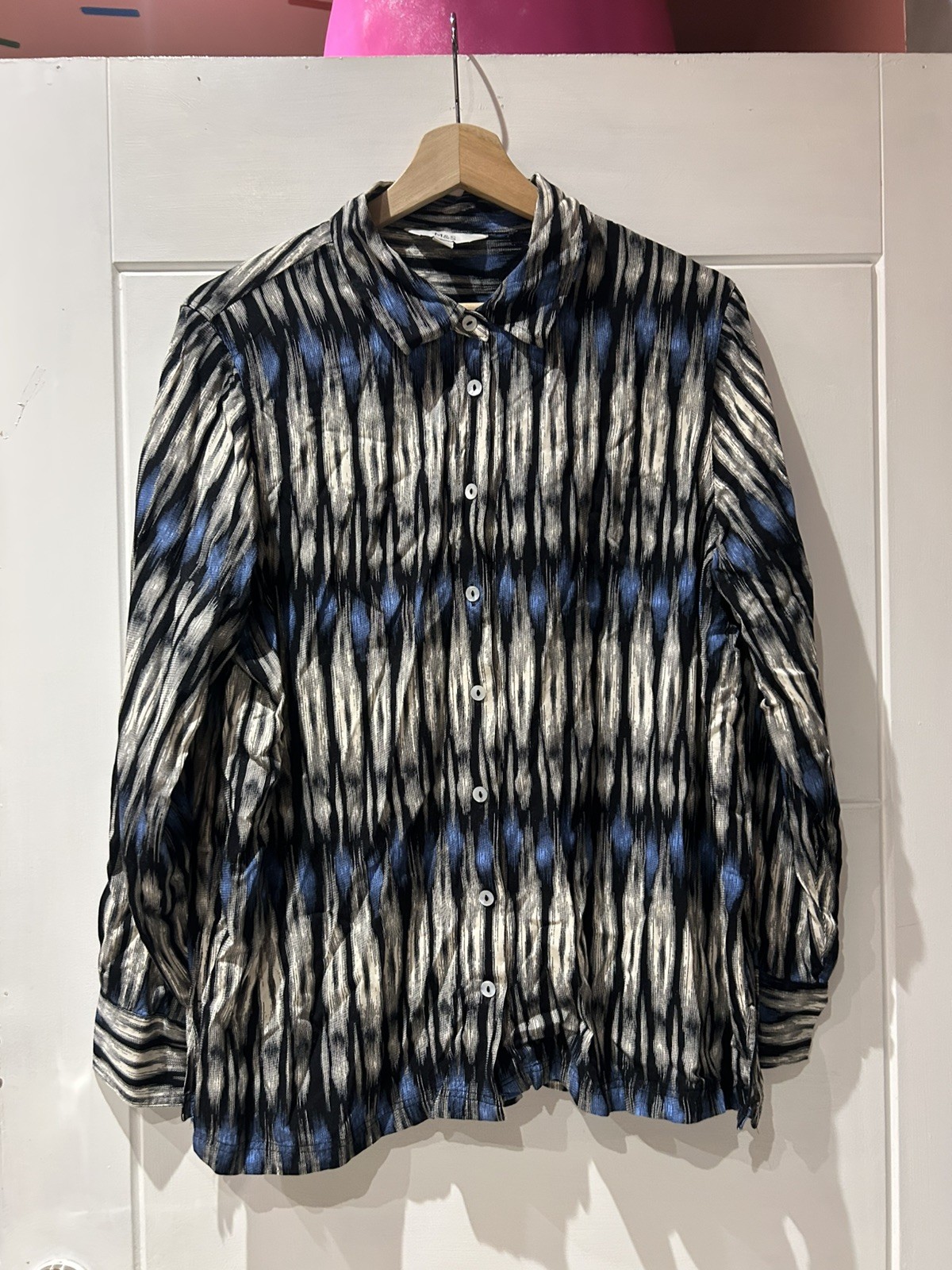 M&S Blue Abstract Stripe Button Shirt Long Sleeve Regular Fit UK 16