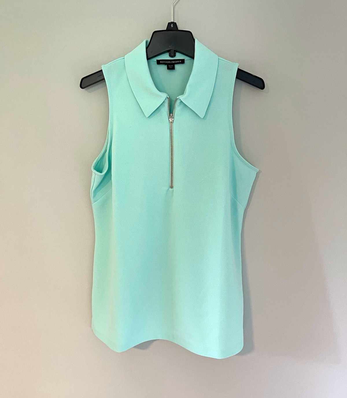 BOSTON PROPER Women’s Solid Blue Collared Sleeveless Zip Top, M Regular