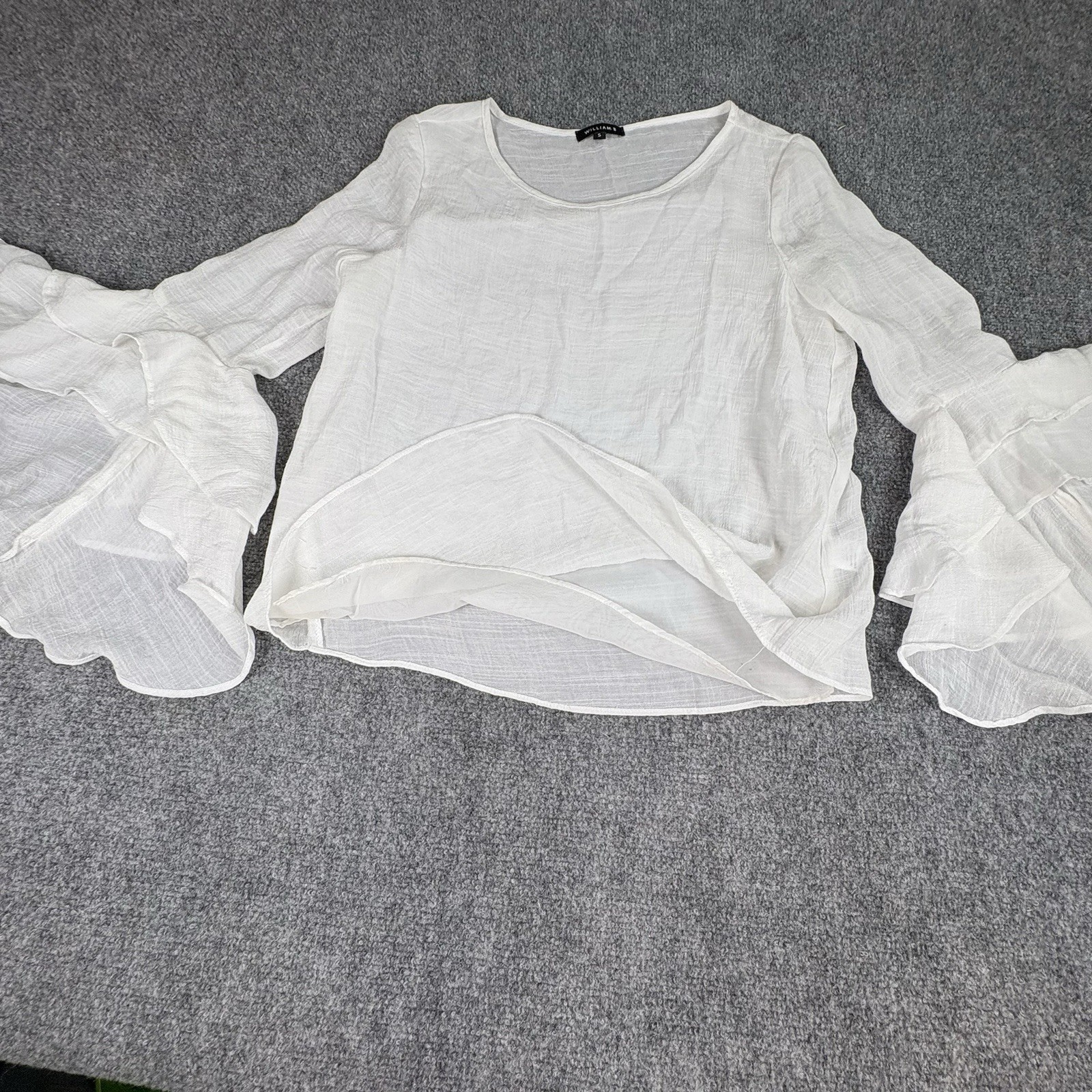 William B Blouse Womens Small White Sheer Ruffle Bell Sleeve Boho Fairy Cottage