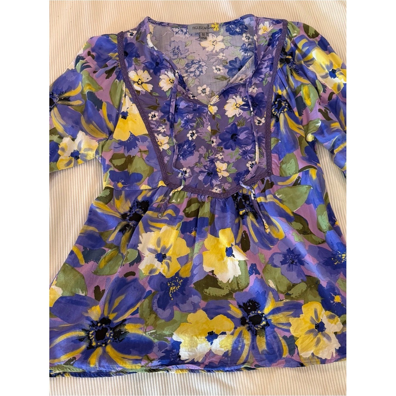 FIGUEROA & FLOWER Purple Floral Peasant Blouse Medium Rayon Boho Cottagecore