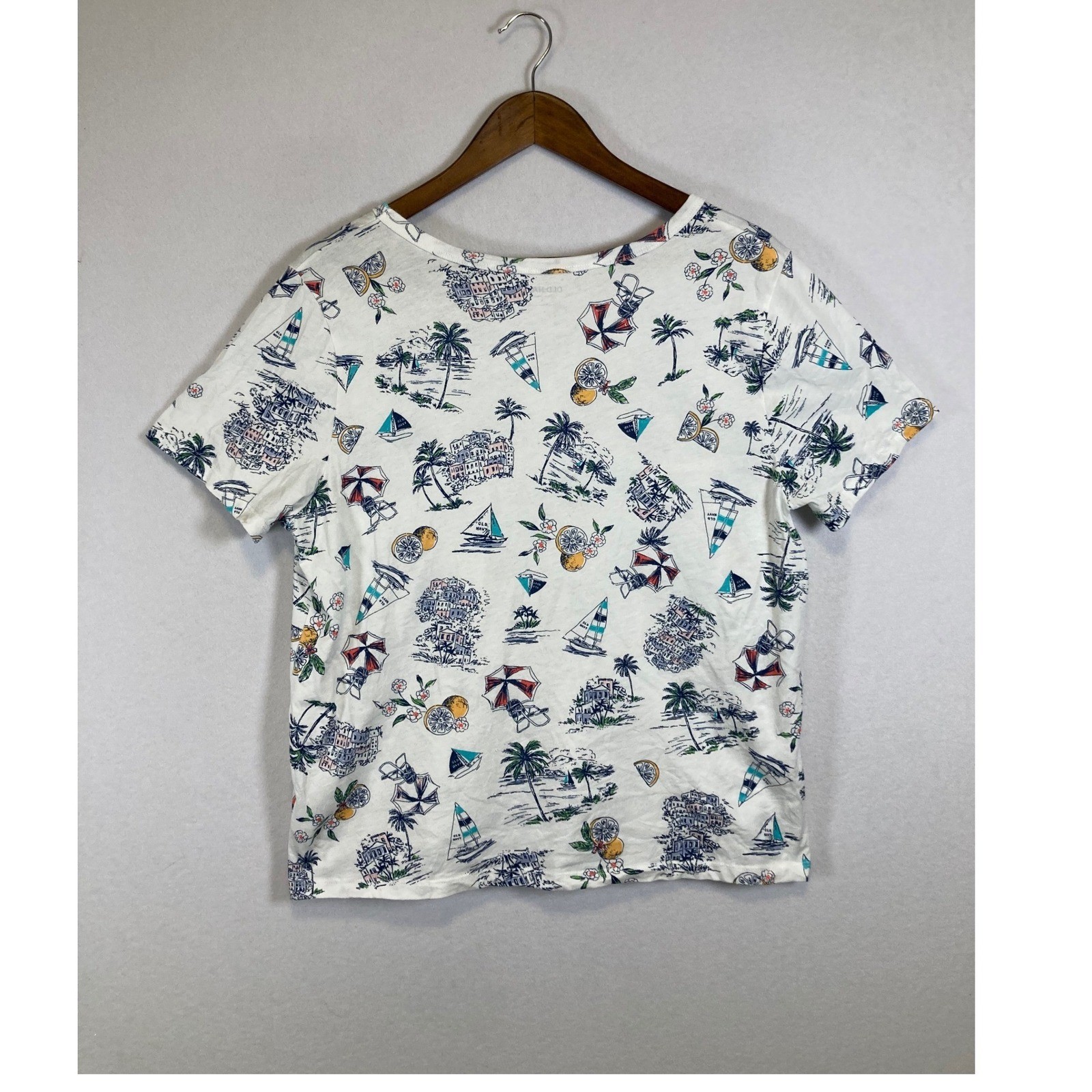 Old Navy Everywear T-Shirt Women Large White Tropical Coastal V-Neck Cotton Tee