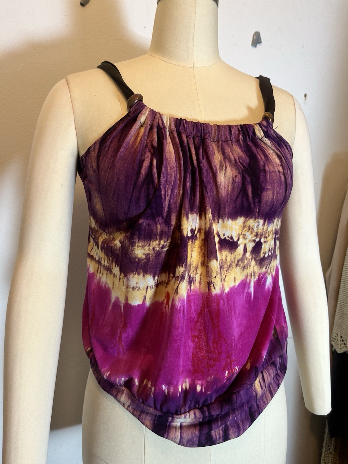 I.N. San Francisco Purple Yellow Pink Tie-Dye Camisole Tank M Sleeveless Beaded