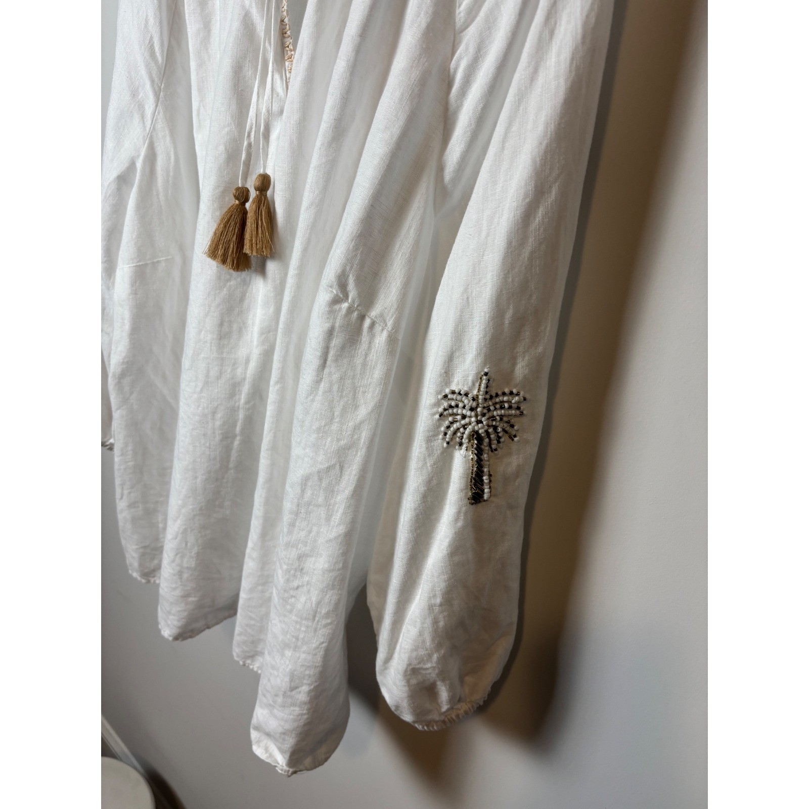 Talbots Plus Womens White Linen blend Beaded Palm Tree Tassel Peasant Top 3X