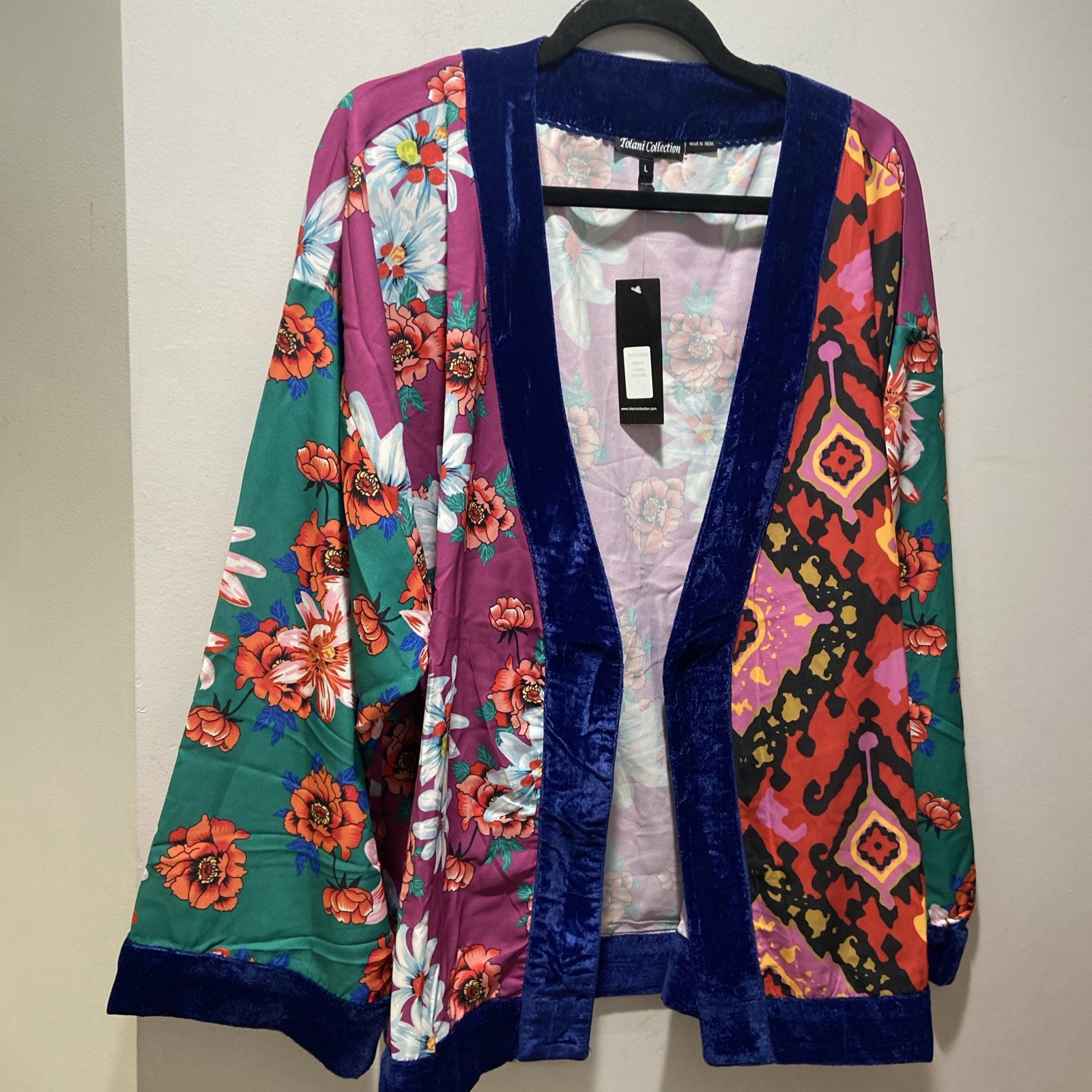 Tolani Collection Kimono Top Women’s Size Large Floral Tropical Velvet Trim Boho