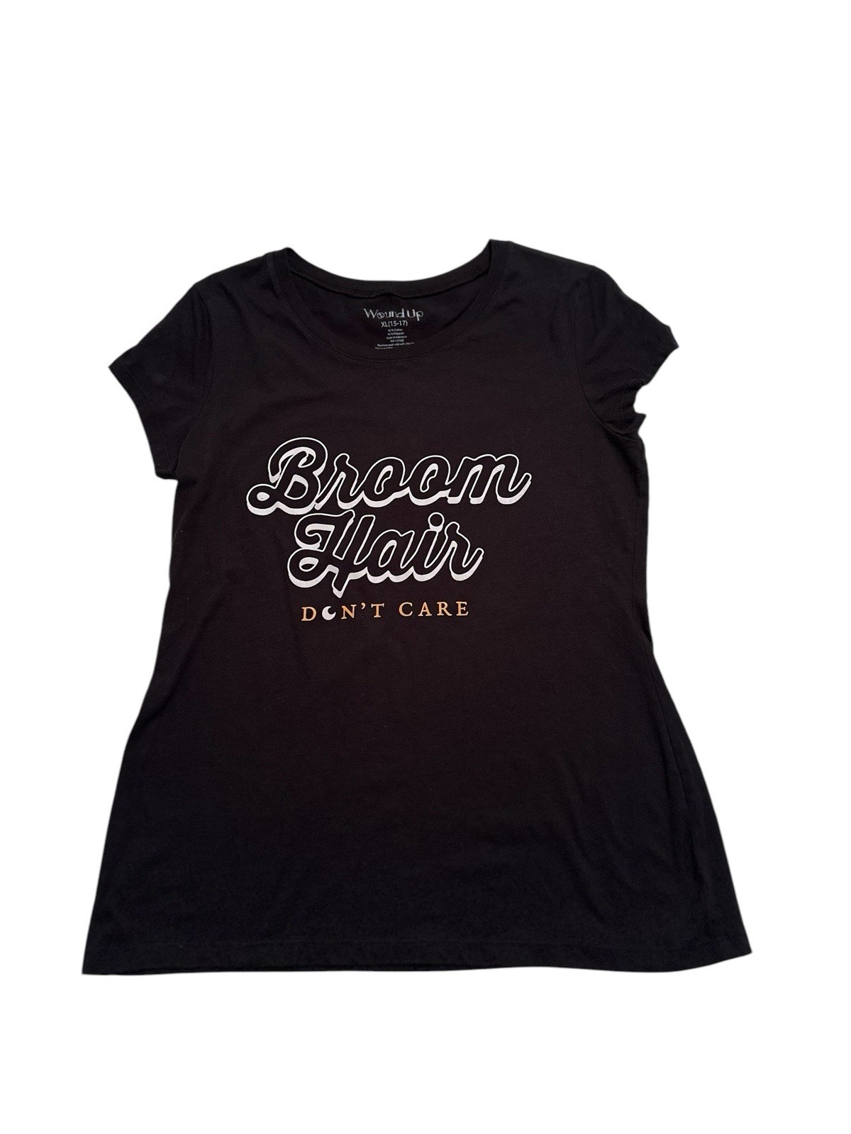 Wound Up Tee Shirt Junior Womens 15-17 Black Graphic Shirt Broom Hair Don’t Care