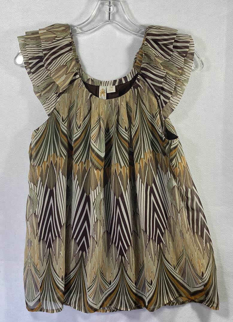 Adiva Brown Orange Geometric Floral Tank Top Size Medium Layered Sleeves Silky