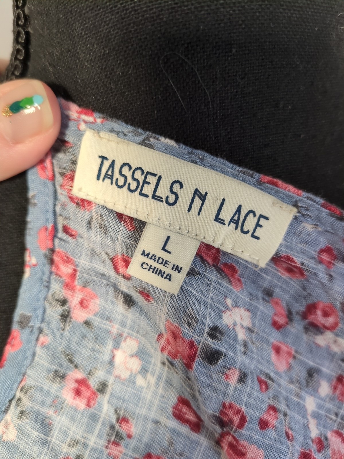 Tassels N’ Lace Blue Floral Tassel Trim Long Sleeve Blouse, Women’s Large