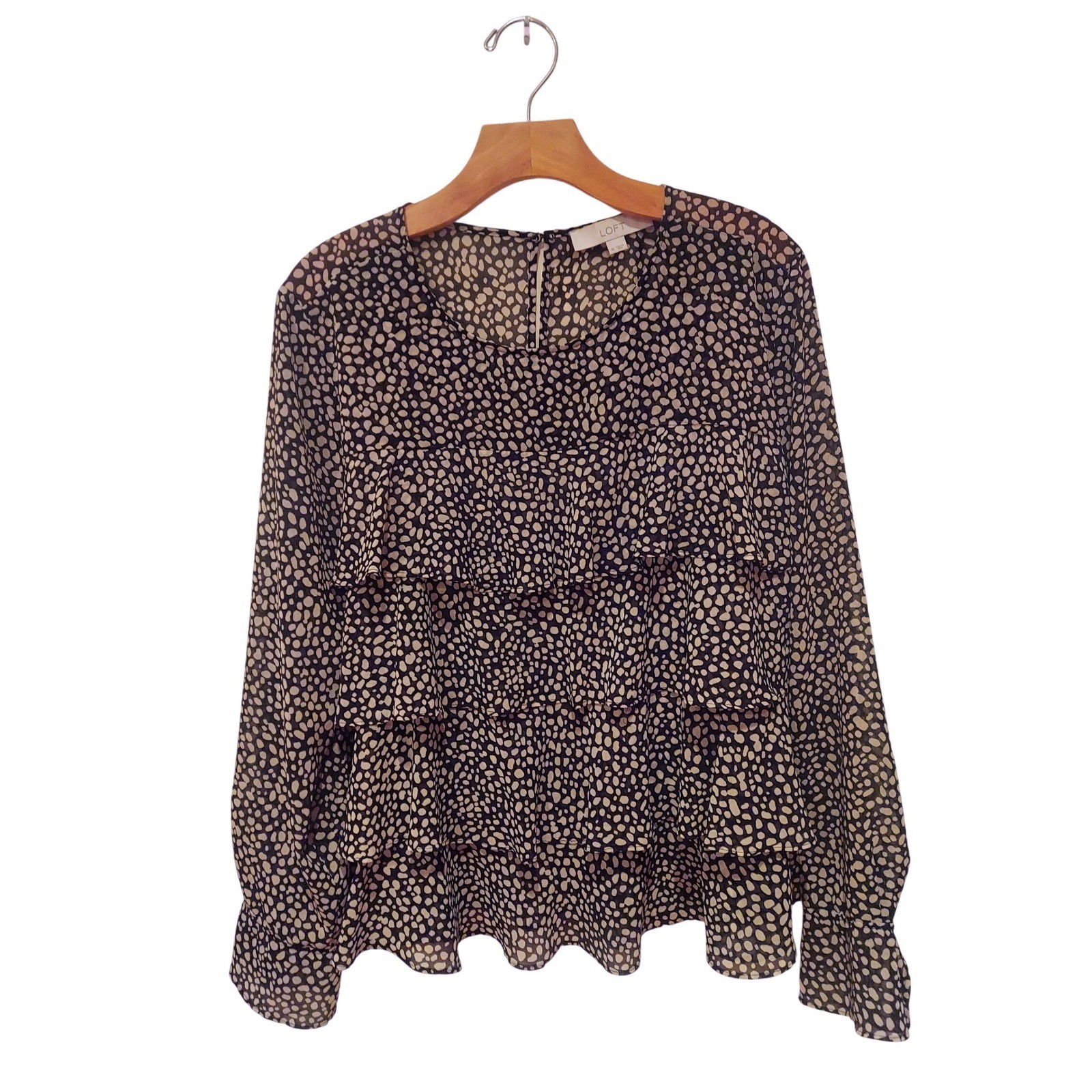 Loft Womens Tiered Ruffle Front Pebble Print Blouse Chiffon Keyhole Back XL