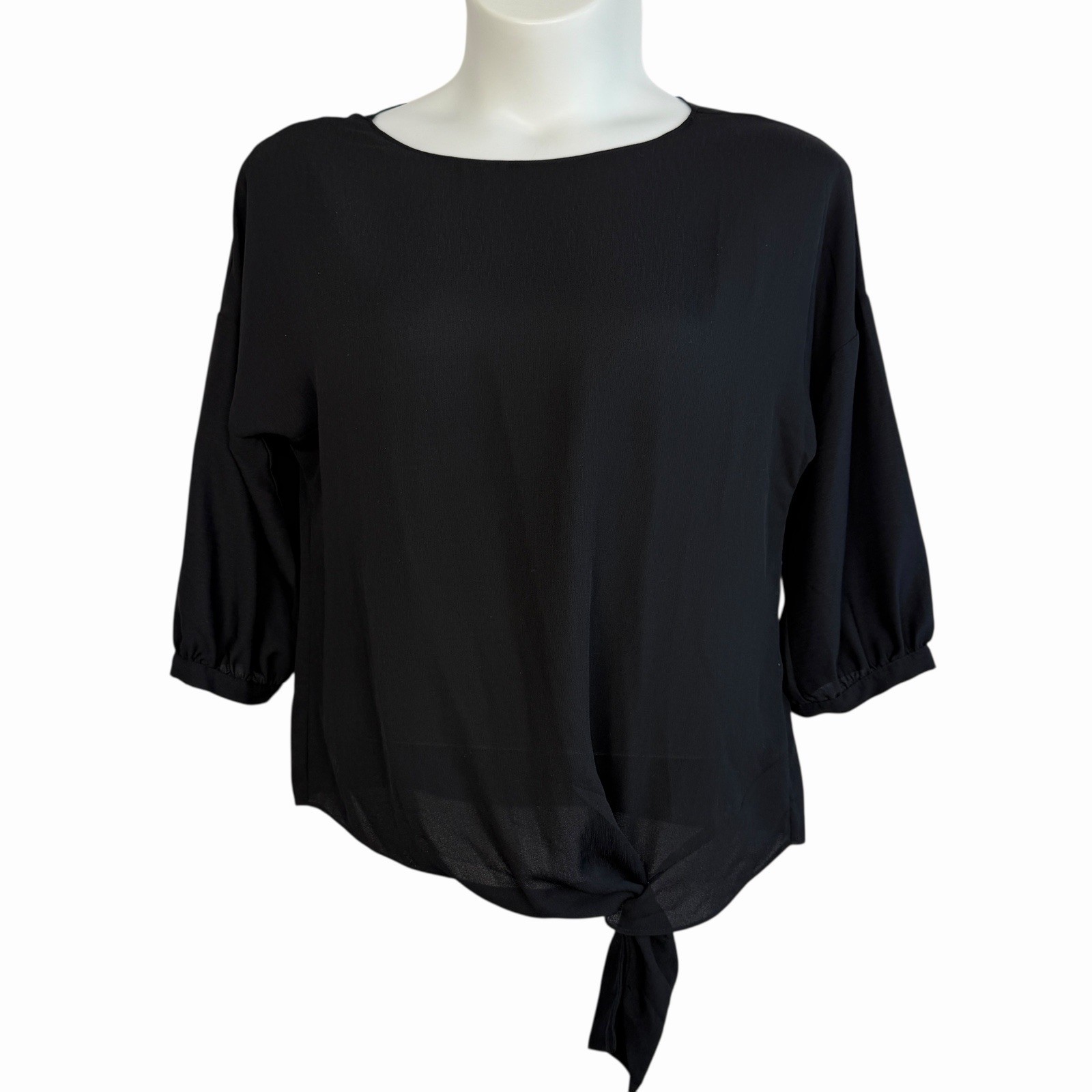 CHICOS Womens Black Georgette Blouse Top L/12 Asymmetrical Hem Dressy Semi Sheer