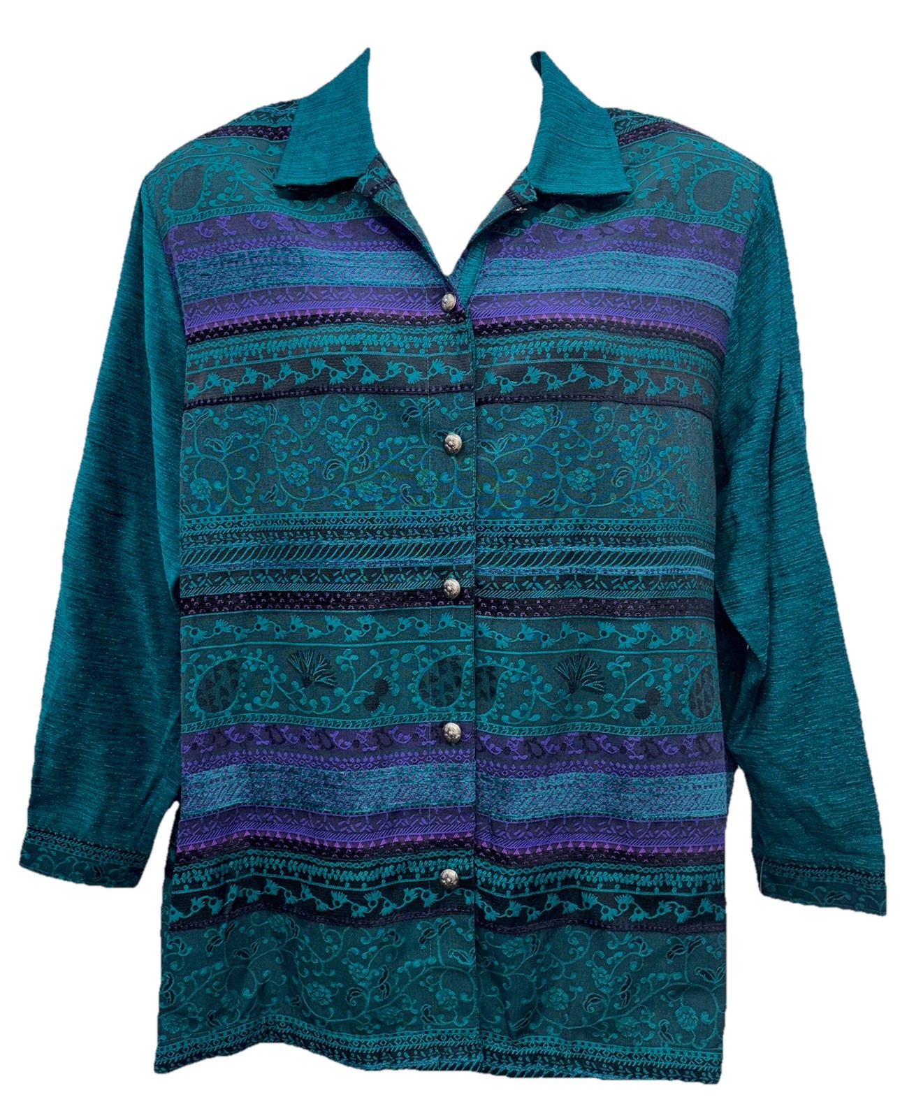 Erin London Women Size 2X Button Up Long Sleeve Floral Tapestry Blouse Teal/Purp