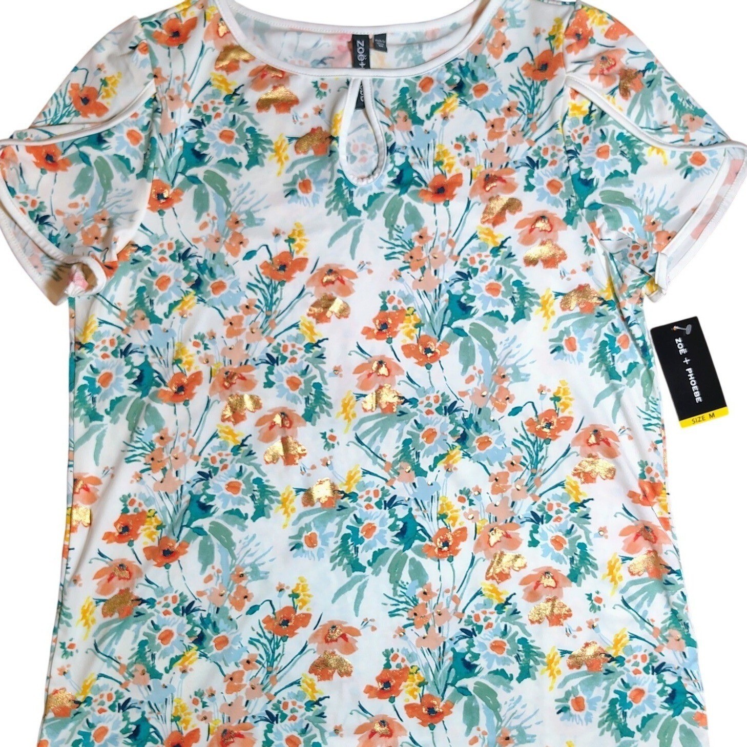 Zoe + Phoebe Floral Print Top Short Sleeve Womens Size M stretchy