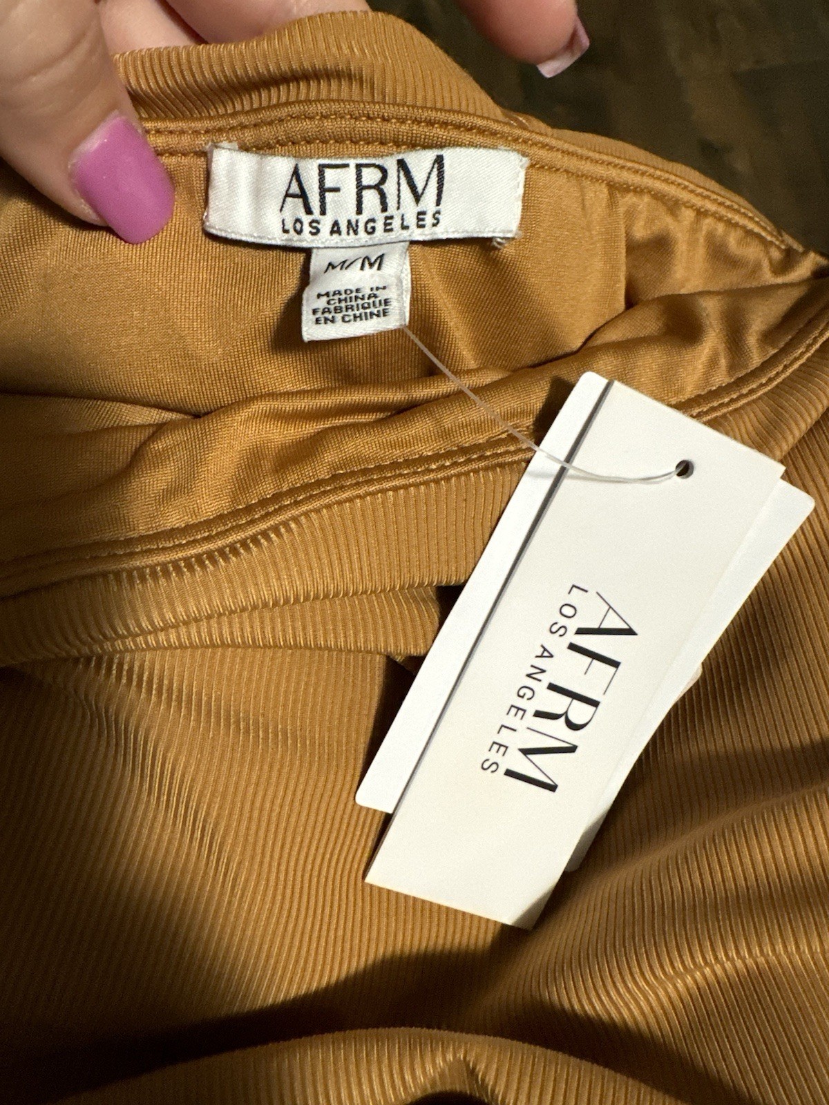 AFRM NWT Noah Long Sleeve Drape Shoulder Bodysuit Tan Brown Size Medium