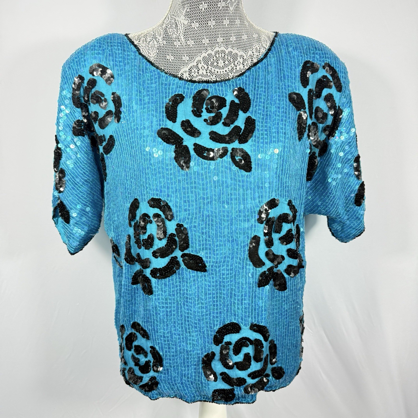 Vintage Silk Beaded Sequin Blouse Womens Large Blue Floral Party Top
