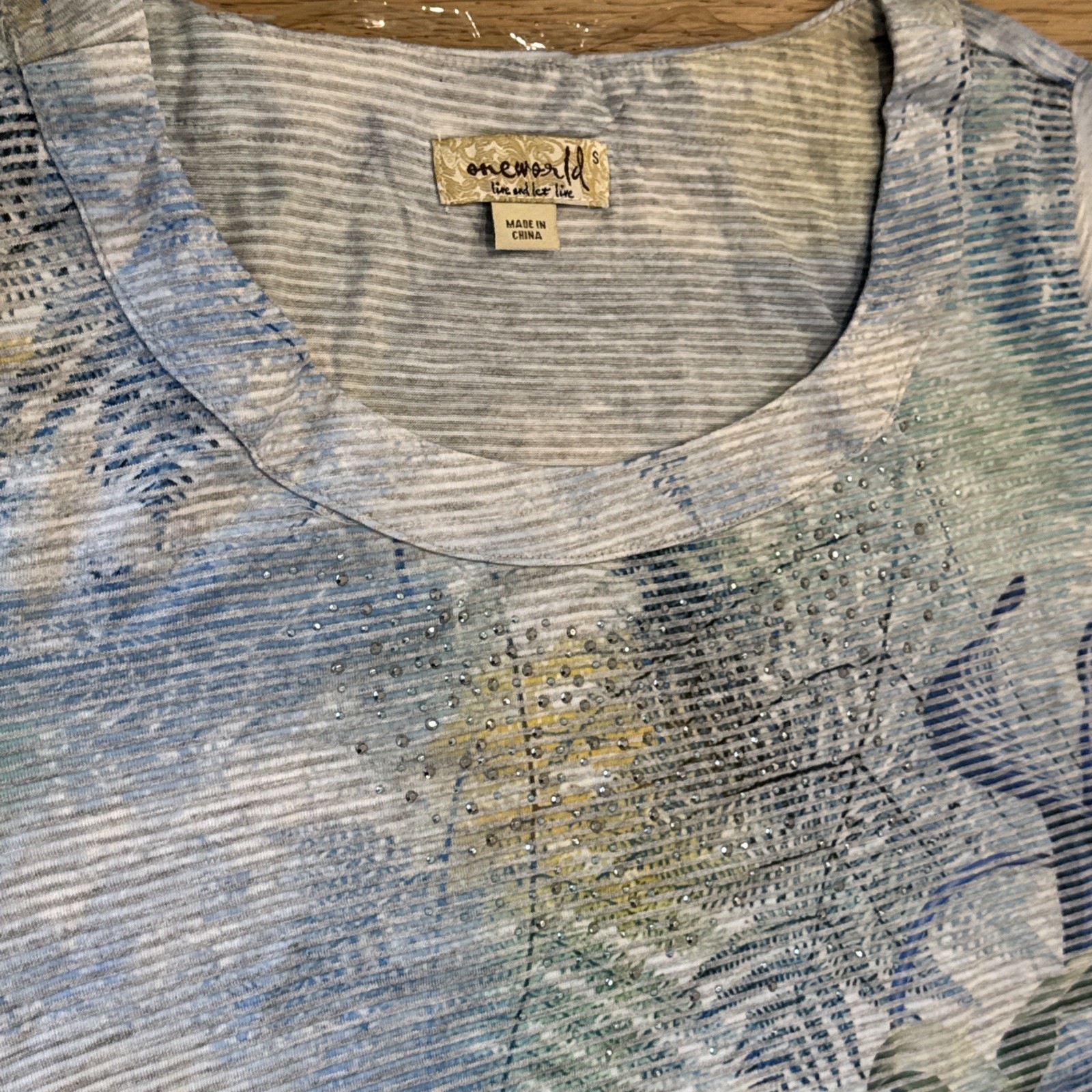 OneWorld Blue Floral Ruffle Hem Top Small Rhinestone Detail NWT