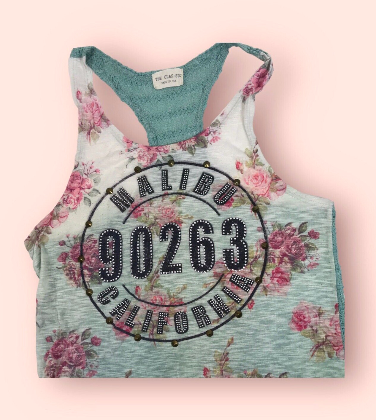 Han Clothing The Classic Embellished tank top tee M Malibu Ca 90263 Studs Floral