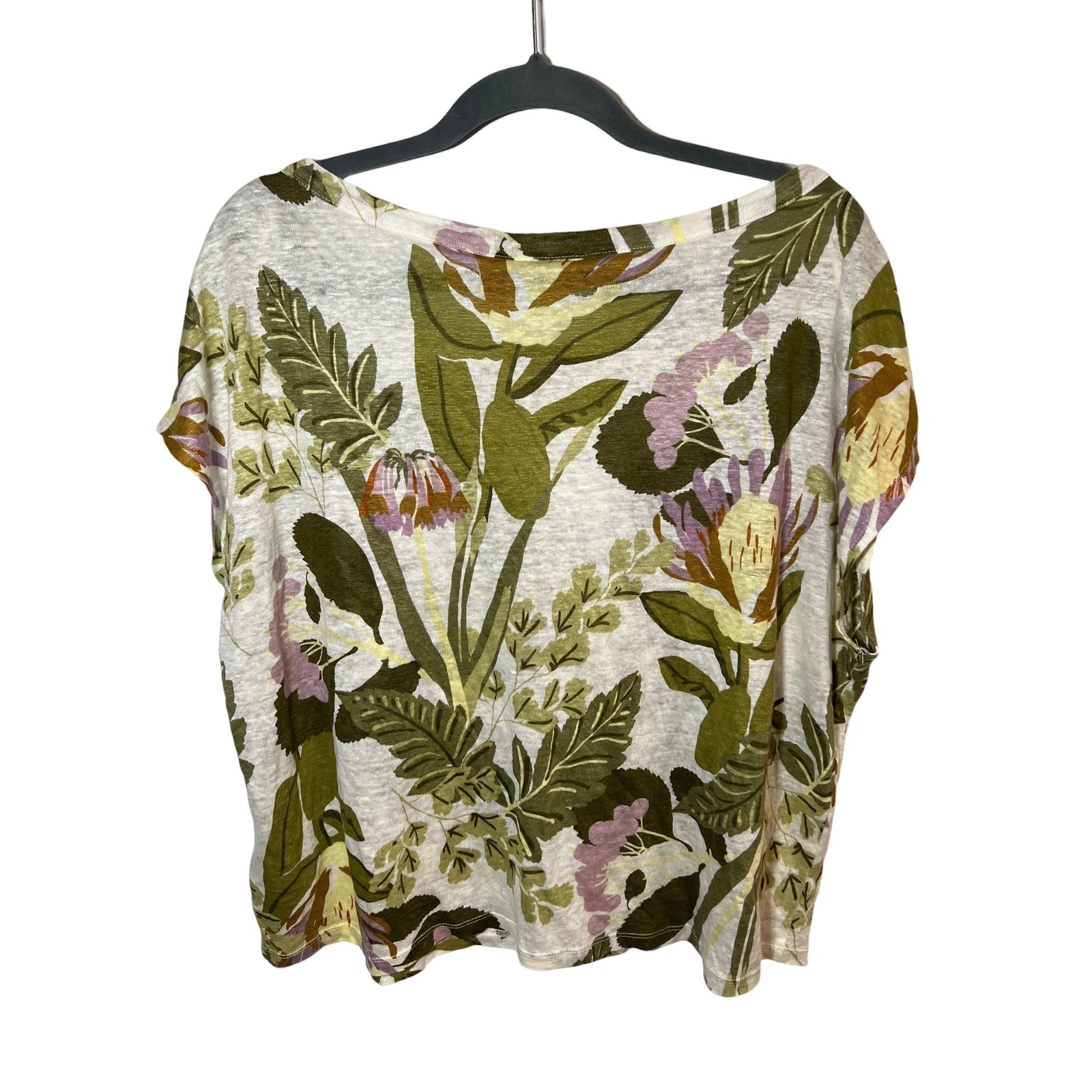 Rachel Zoe 100% Linen Floral Tropical Boxy Scoop Neck Summer Boho Coastal Large