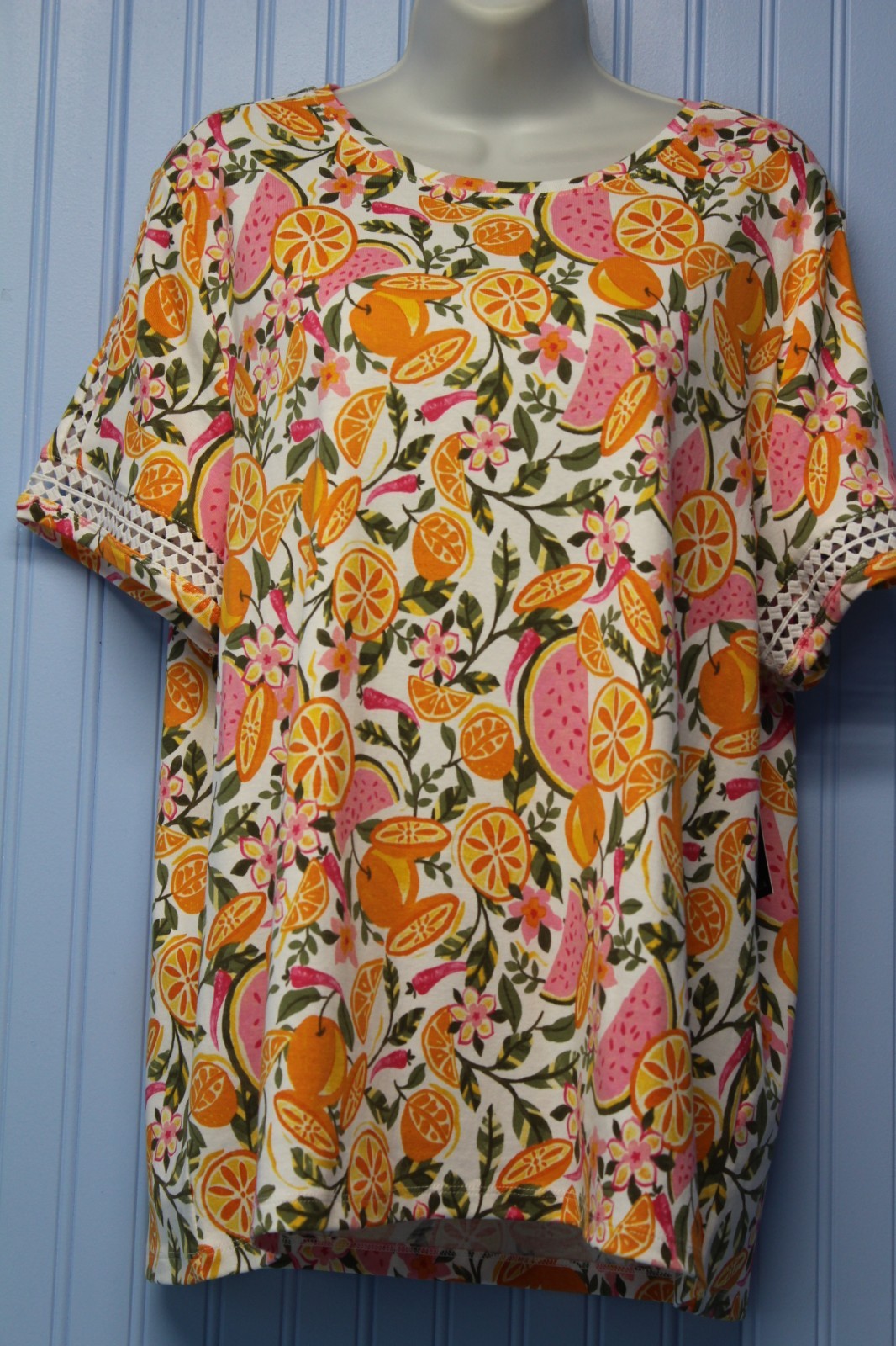 Rafaella 100% cotton bright fruit print ltwt short sleeve pullover top XXL NWT