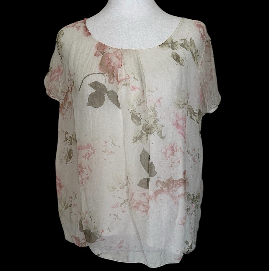 Elena Baldi Women’s Top 100% Silk Floral Blouse Layered Size M Fairy Flowy Sheer